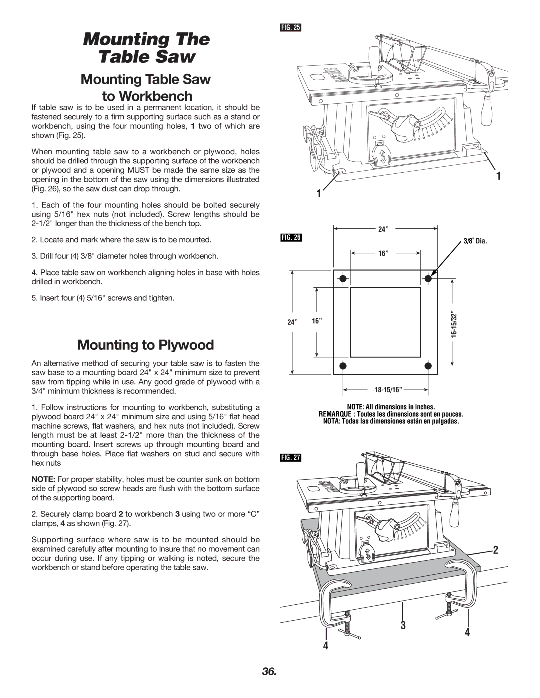 Skil 3400 manual Mounting Table Saw, Mounting to Plywood 