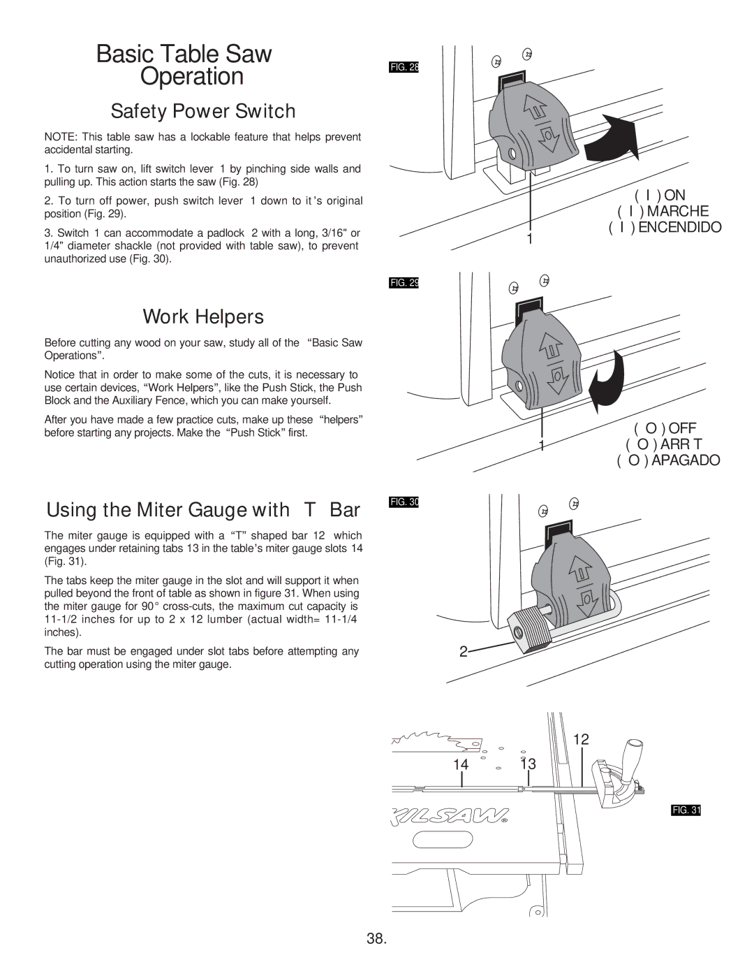 Skil 3400 manual Basic Table Saw Operation, Safety Power Switch, Work Helpers, Using the Miter Gauge with T Bar 