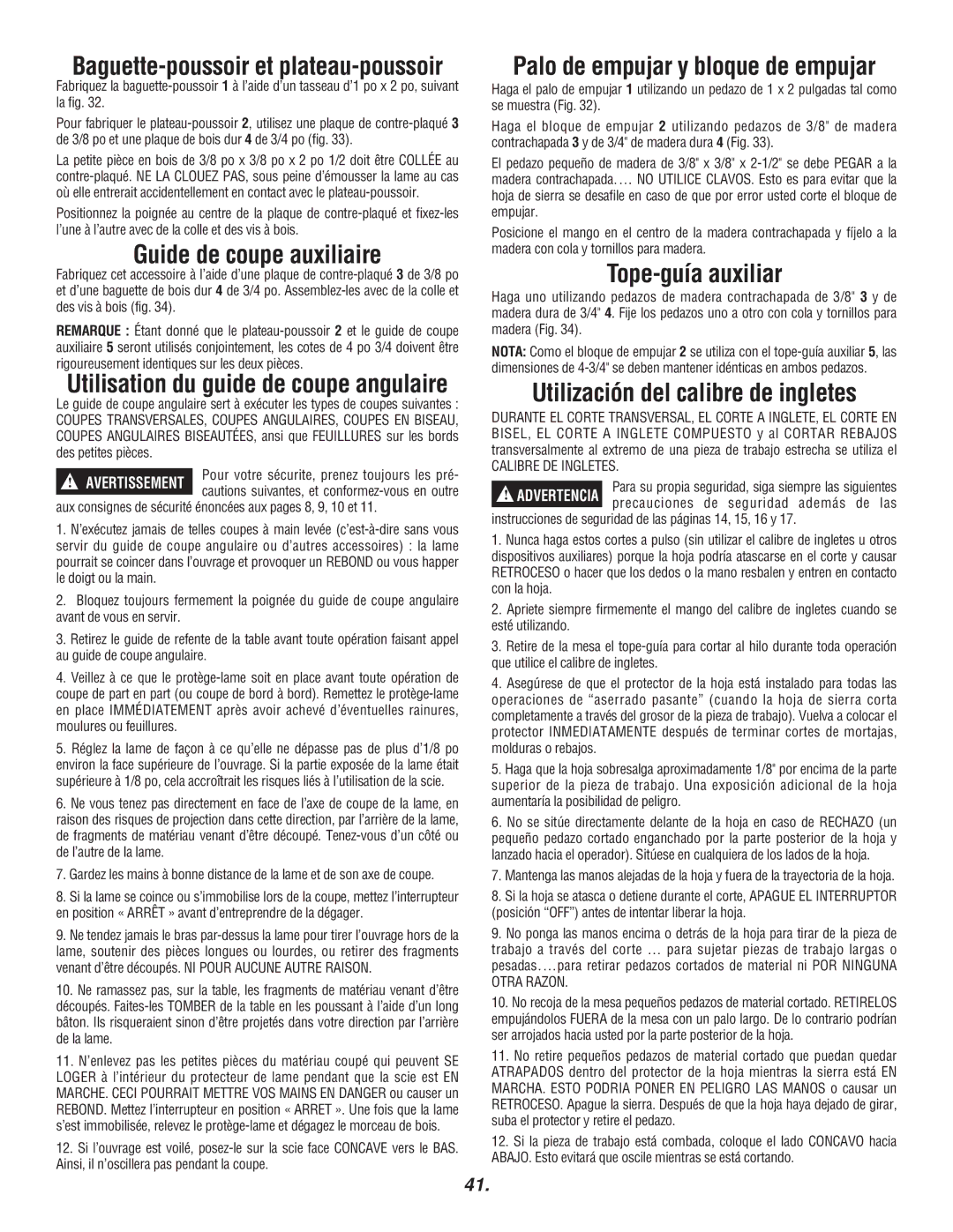 Skil 3400 manual Guide de coupe auxiliaire, Palo de empujar y bloque de empujar, Tope-guía auxiliar, Calibre DE Ingletes 