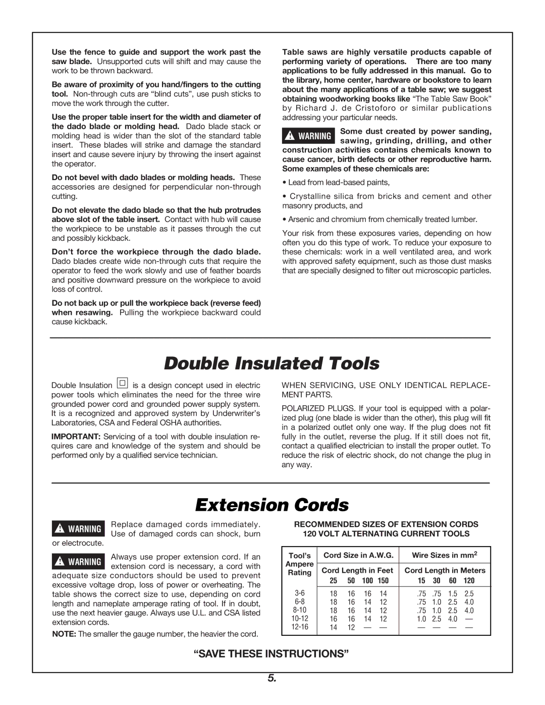 Skil 3400 manual Double Insulated Tools, Recommended Sizes of Extension Cords, Volt Alternating Current Tools 