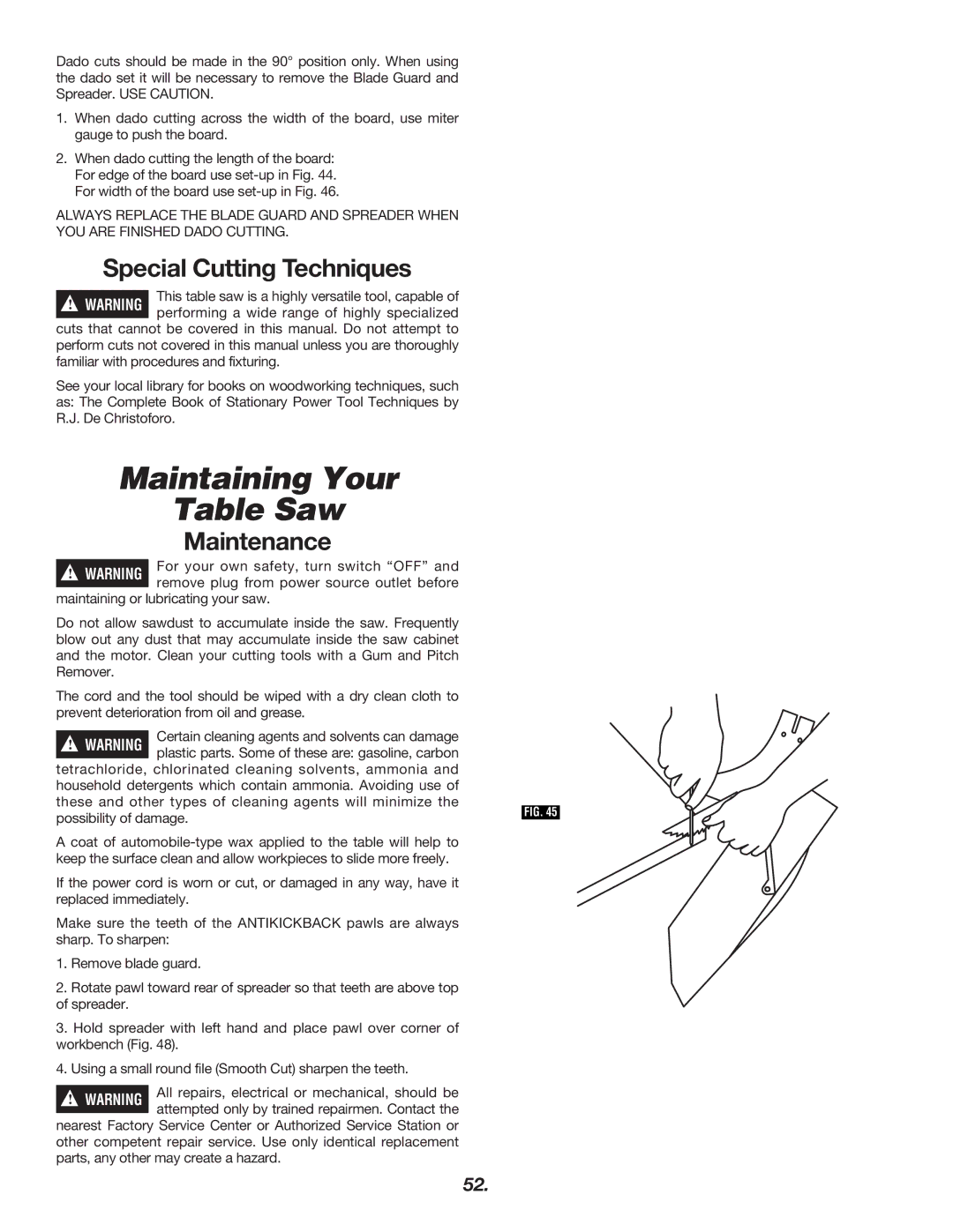 Skil 3400 manual Maintaining Your Table Saw, Special Cutting Techniques, Maintenance 