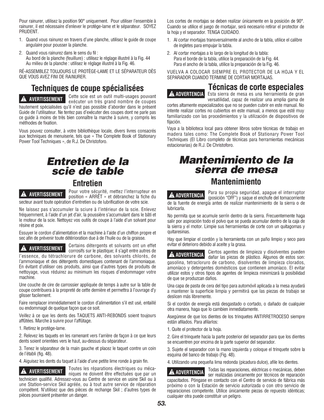 Skil 3400 manual Entretien de la Scie de table, Mantenimiento de la Sierra de mesa 