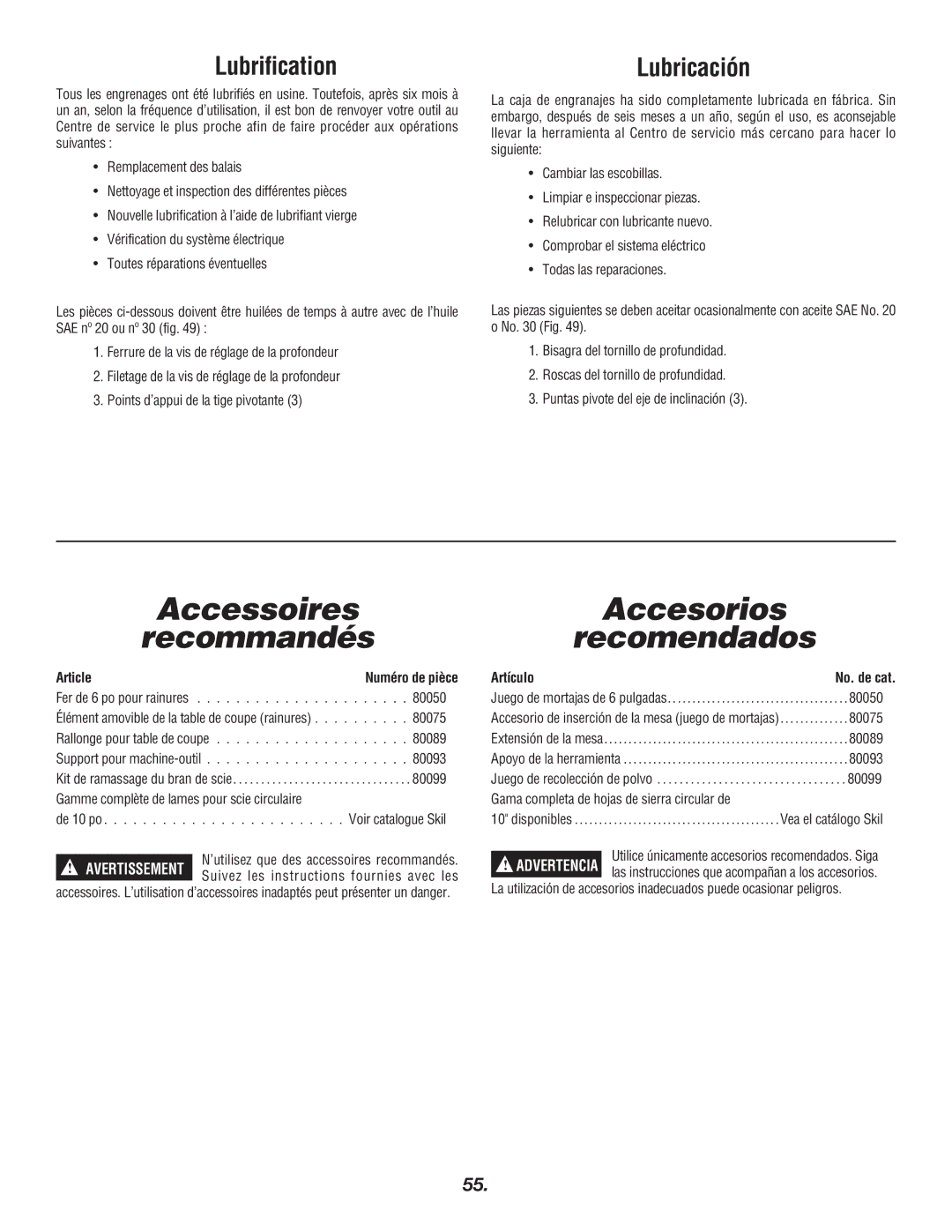 Skil 3400 manual Accessoires Recommandés, Accesorios Recomendados, Lubrification, Fer de 6 po pour rainures 80050 