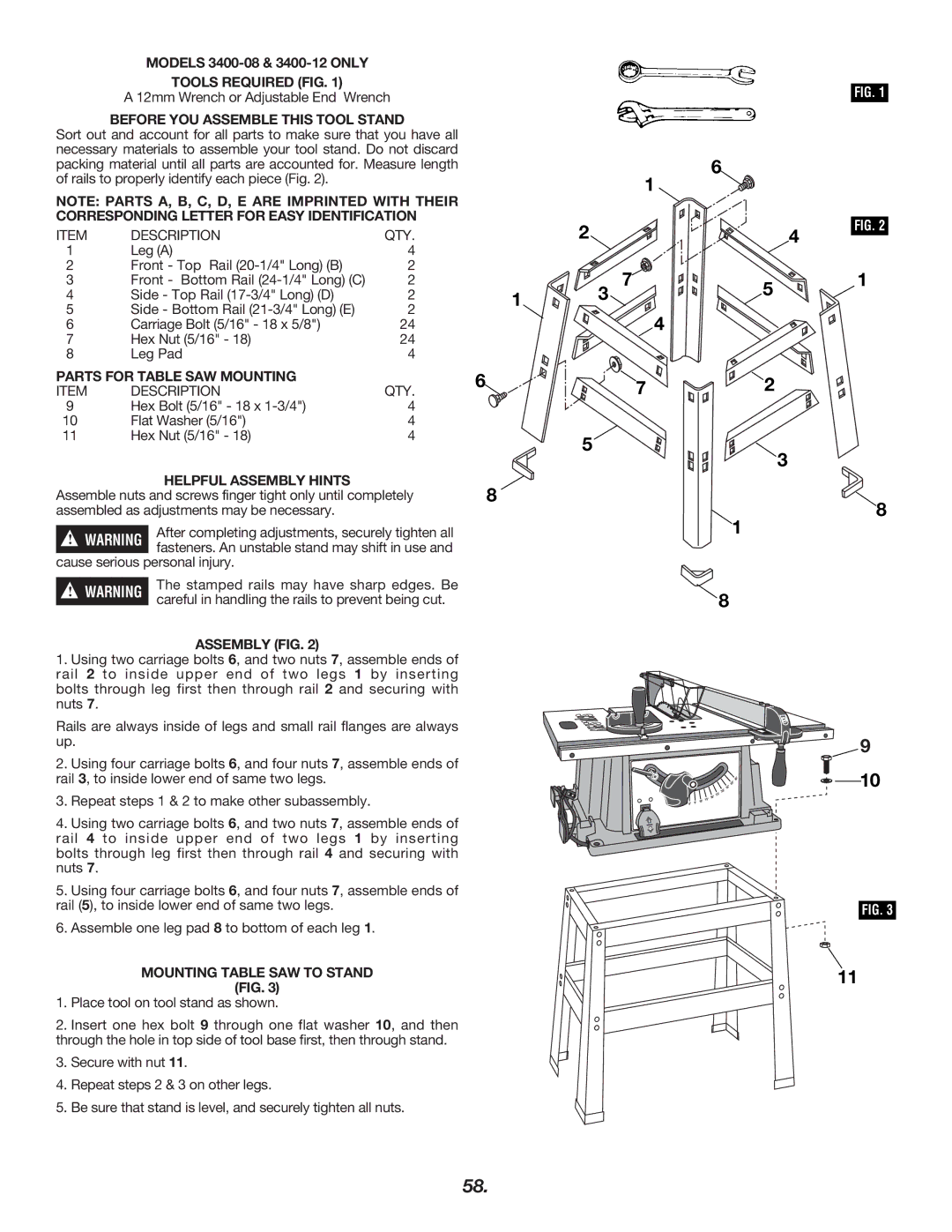 Skil 3400 Tools Required FIG, Before YOU Assemble this Tool Stand, Parts for Table SAW Mounting, Helpful Assembly Hints 