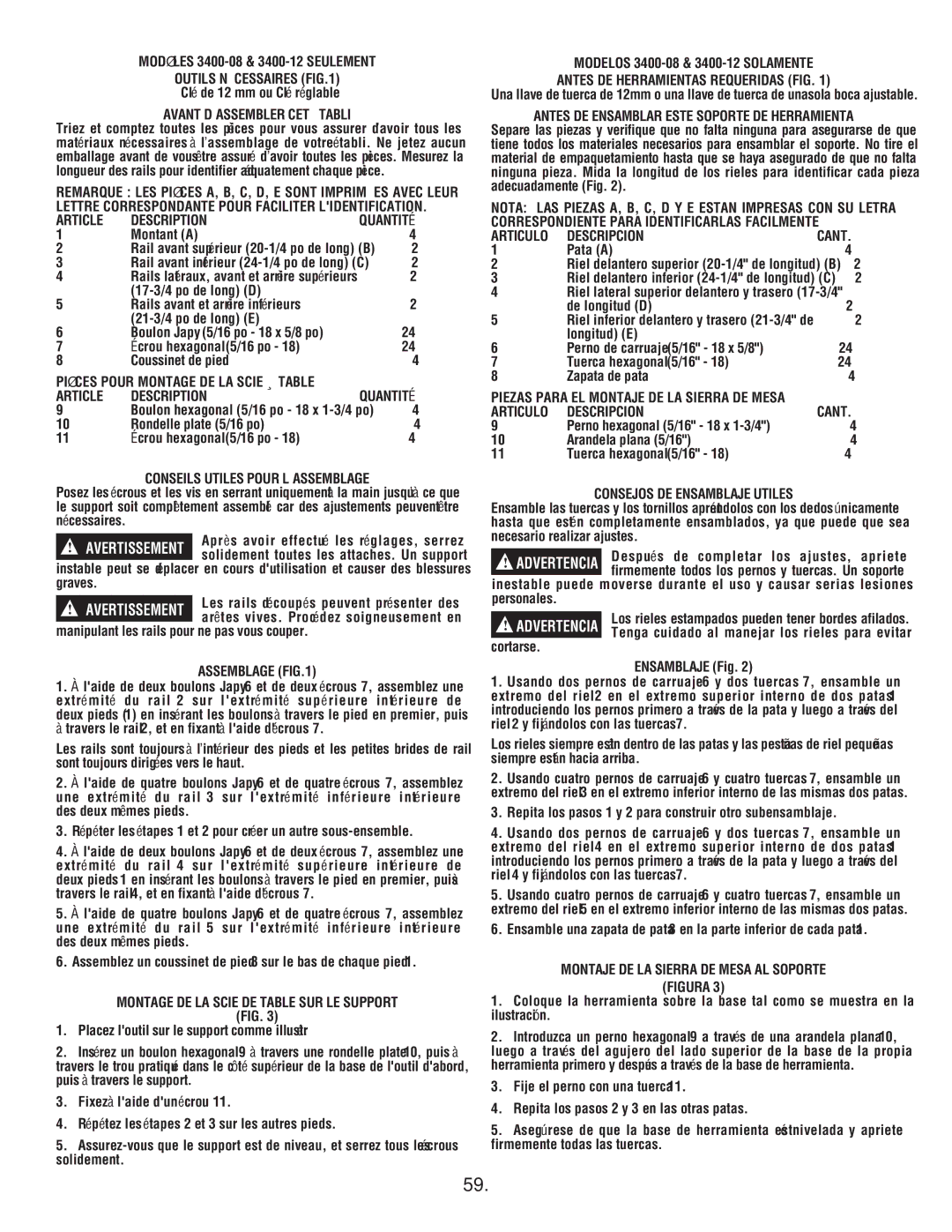 Skil 3400 manual Outils Nécessaires, Avant D’ASSEMBLER CET Établi, Pièces Pour Montage DE LA Scie À Table, Assemblage 