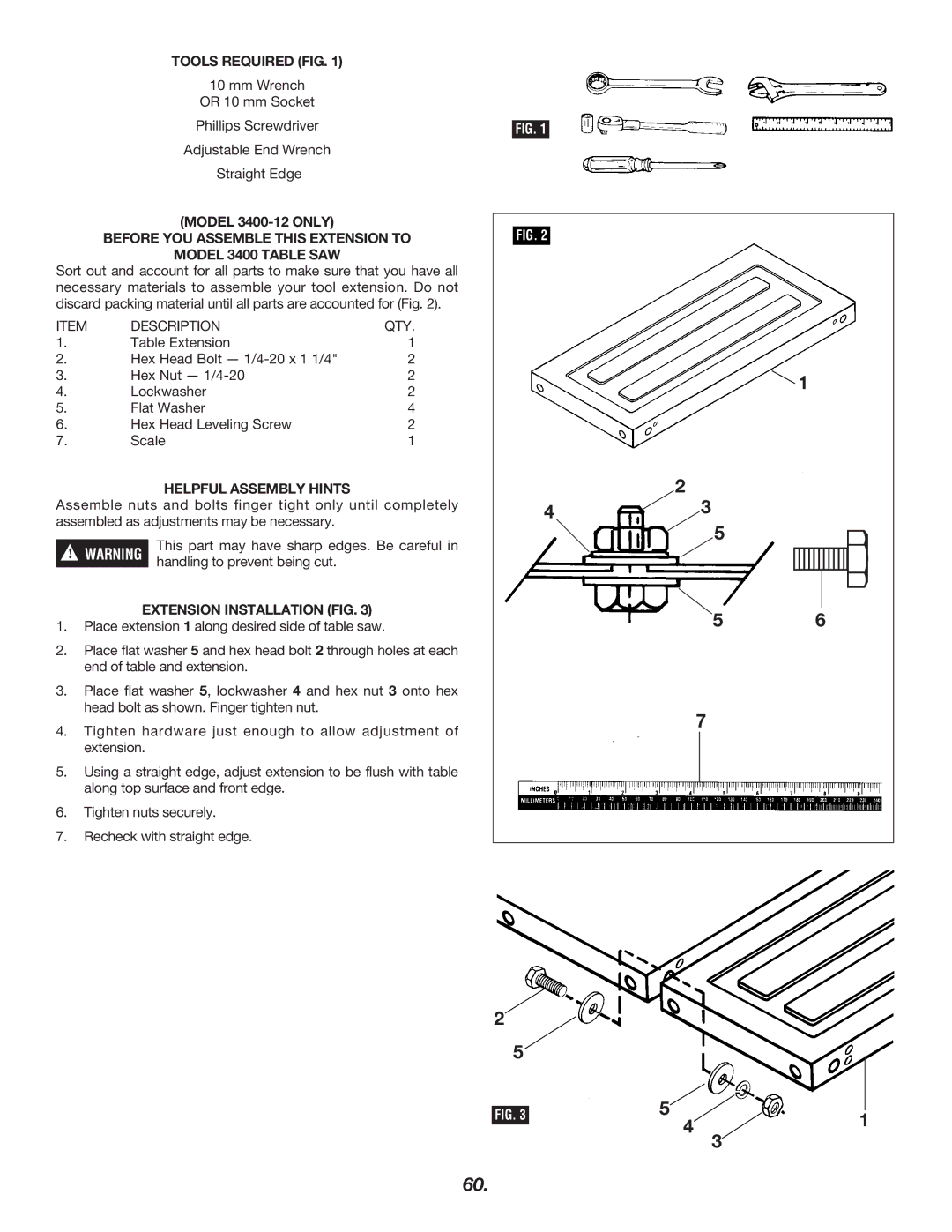 Skil manual Before YOU Assemble this Extension to Model 3400 Table SAW, Extension Installation FIG 