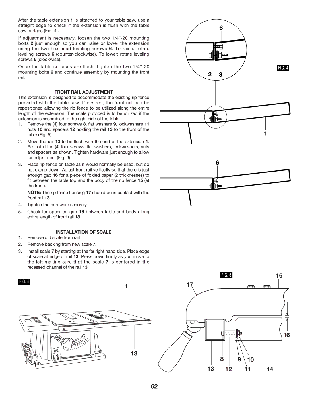 Skil 3400 manual Front Rail Adjustment, Installation of Scale 