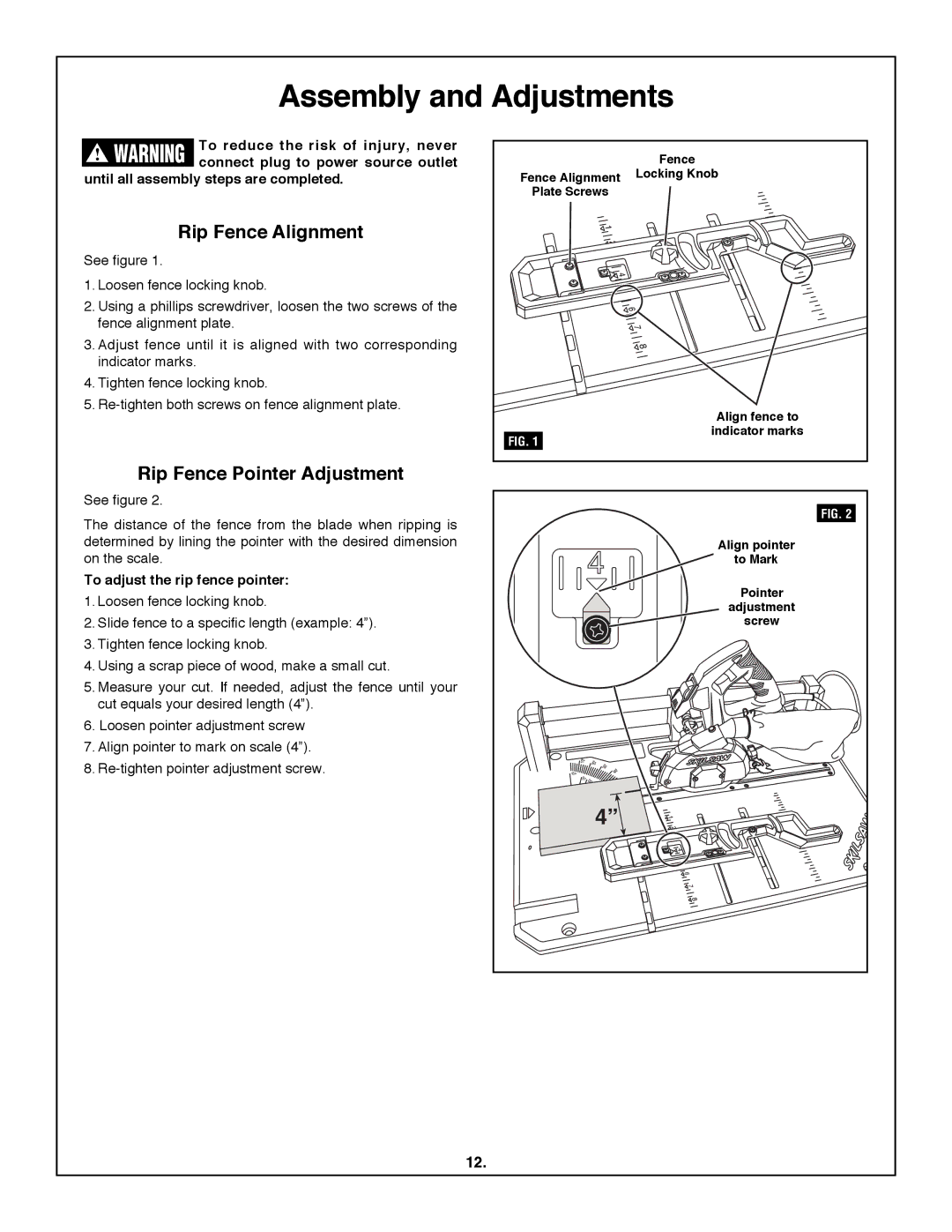 Skil 3600 Assembly and Adjustments, Rip fence Alignment, Rip fence pointer Adjustment, To adjust the rip fence pointer 