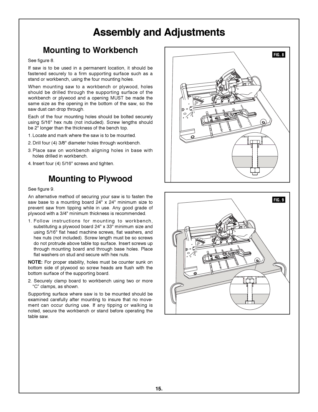 Skil 3600 manual Mounting to Workbench, Mounting to plywood 