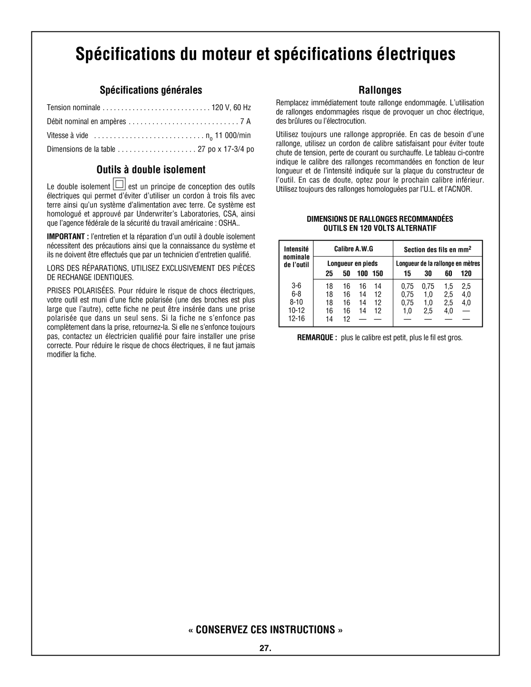 Skil 3600 manual Spécifications générales, Outils à double isolement, Rallonges, Dimensions de la table po x 17-3/4 po 