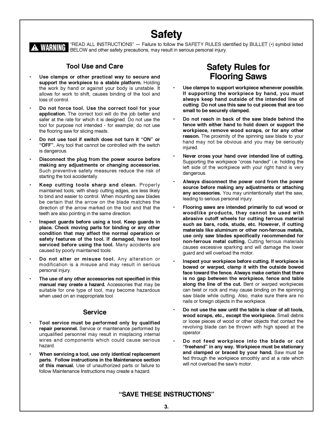 Skil 3600 manual Safety Rules for flooring Saws, Tool Use and care, Service 