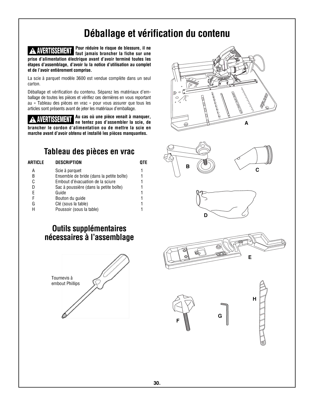 Skil 3600 manual Déballage et vérification du contenu, Tableau des pièces en vrac, Article Description QTE, Scie à parquet 