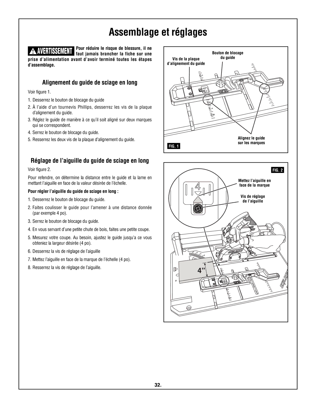 Skil 3600 manual Assemblage et réglages, Alignement du guide de sciage en long, Voir figure 