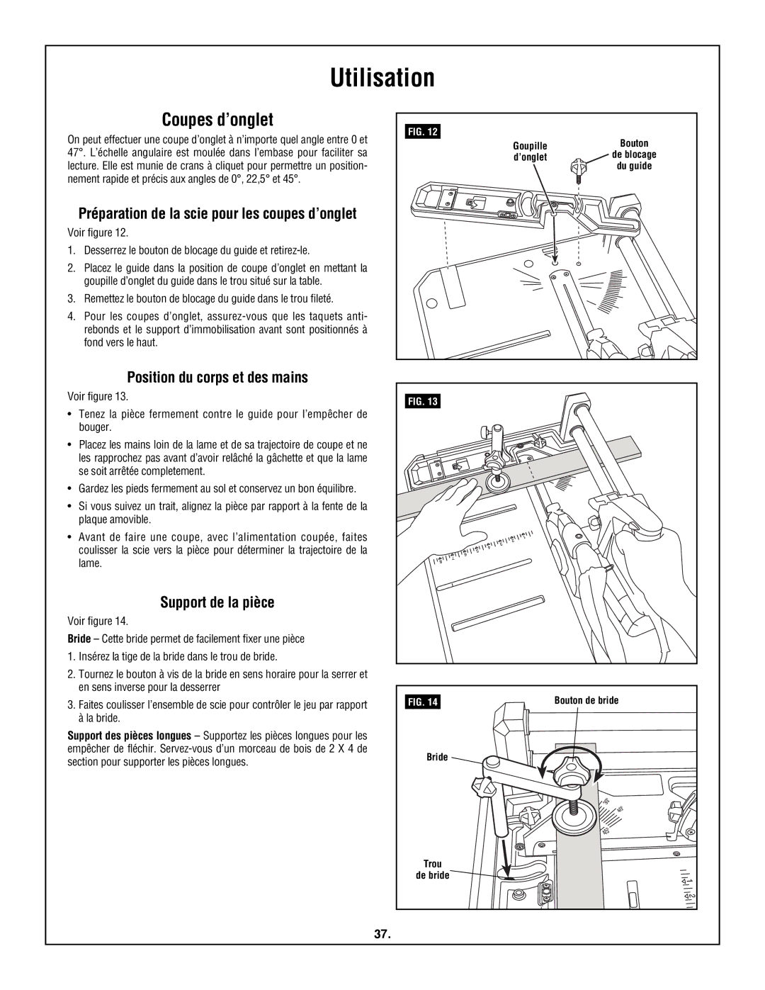 Skil 3600 manual Coupes d’onglet, Position du corps et des mains, Support de la pièce 