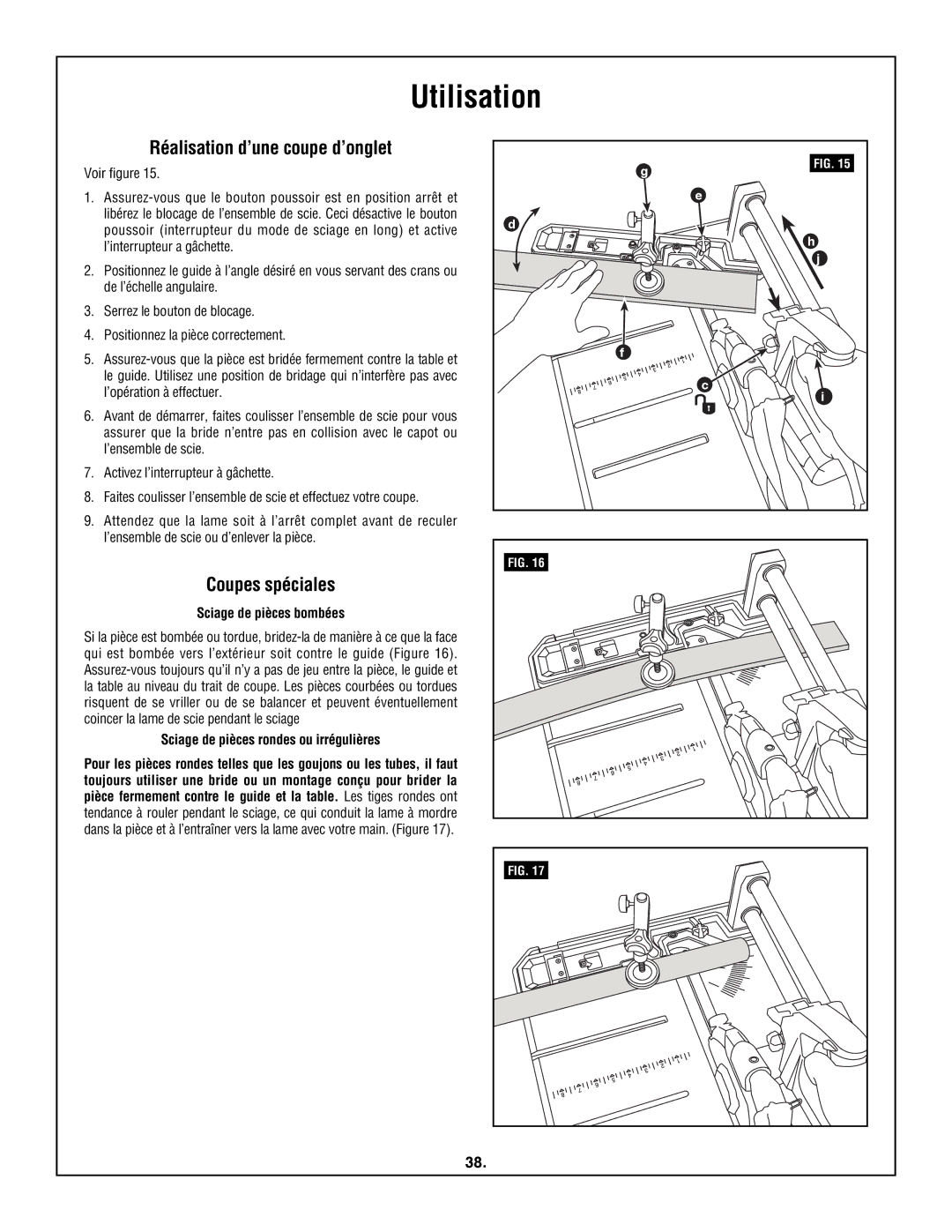 Skil 3600 manual Réalisation d’une coupe d’onglet, Coupes spéciales, Sciage de pièces bombées 