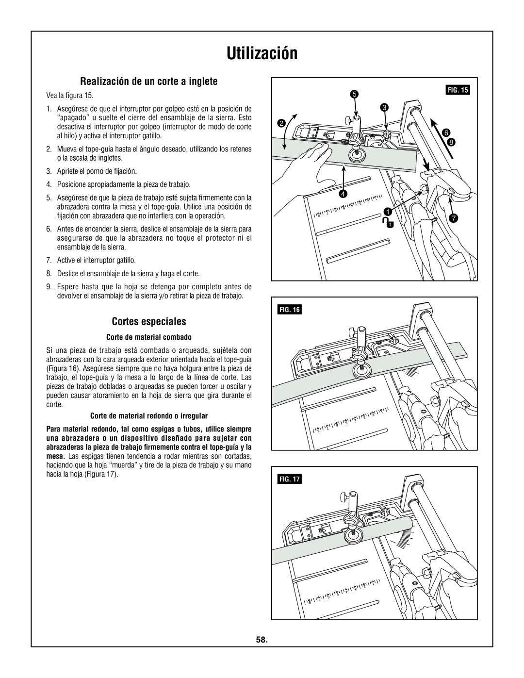 Skil 3600 manual Realización de un corte a inglete, Cortes especiales, Corte de material combado 