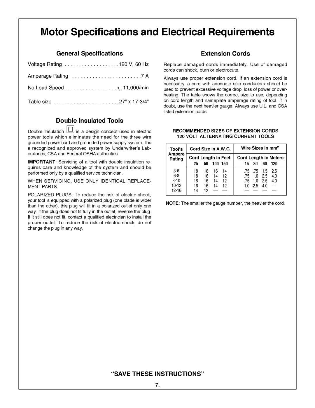 Skil 3600 Motor Specifications and electrical Requirements, General Specifications Extension cords, Double insulated Tools 