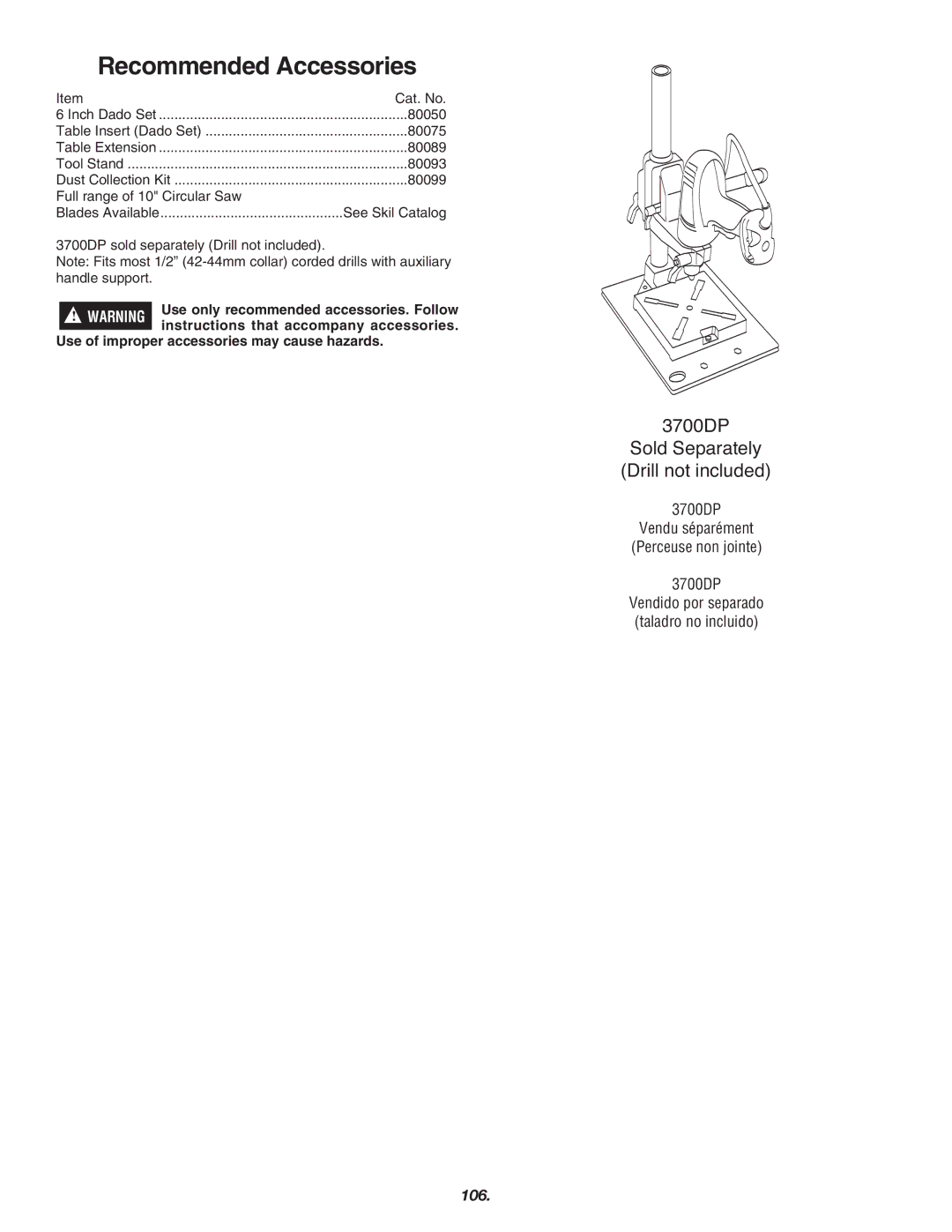 Skil 3700 manual Recommended Accessories, Use only recommended accessories. Follow, Instructions that accompany accessories 