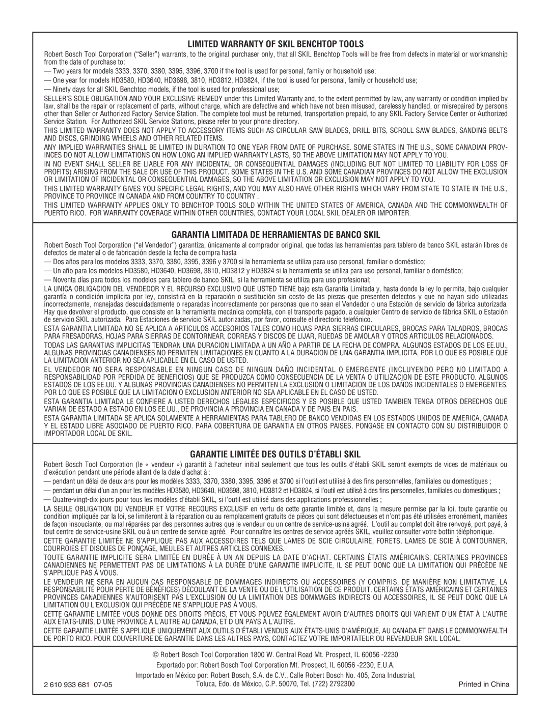 Skil 3700 manual Limited Warranty of Skil Benchtop Tools 