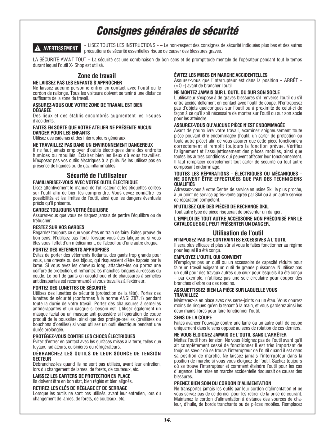 Skil 3700 manual Consignes générales de sécurité, Zone de travail, Sécurité de l’utilisateur, Utilisation de l’outil 