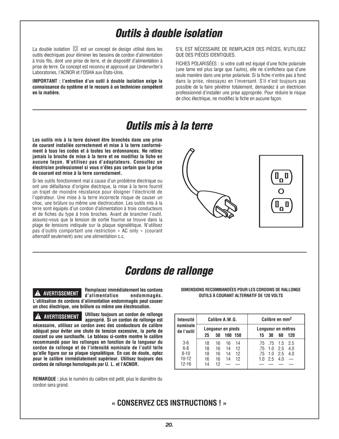 Skil 3700 manual Outils à double isolation, Outils mis à la terre, Cordons de rallonge, En la matière 