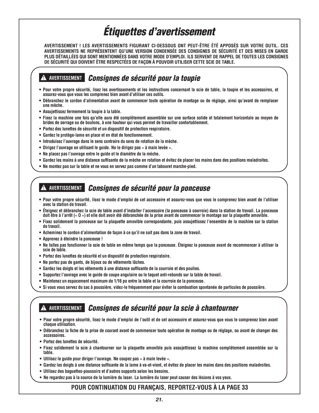 Skil 3700 manual Étiquettes d’avertissement, Pour Continuation DU FRANÇAIS, REPORTEZ-VOUS À LA 