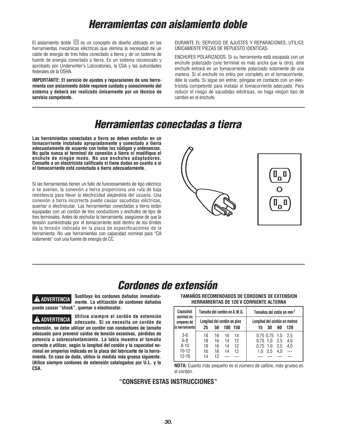 Skil 3700 manual Herramientas con aislamiento doble, Herramientas conectadas a tierra, Cordones de extensión 