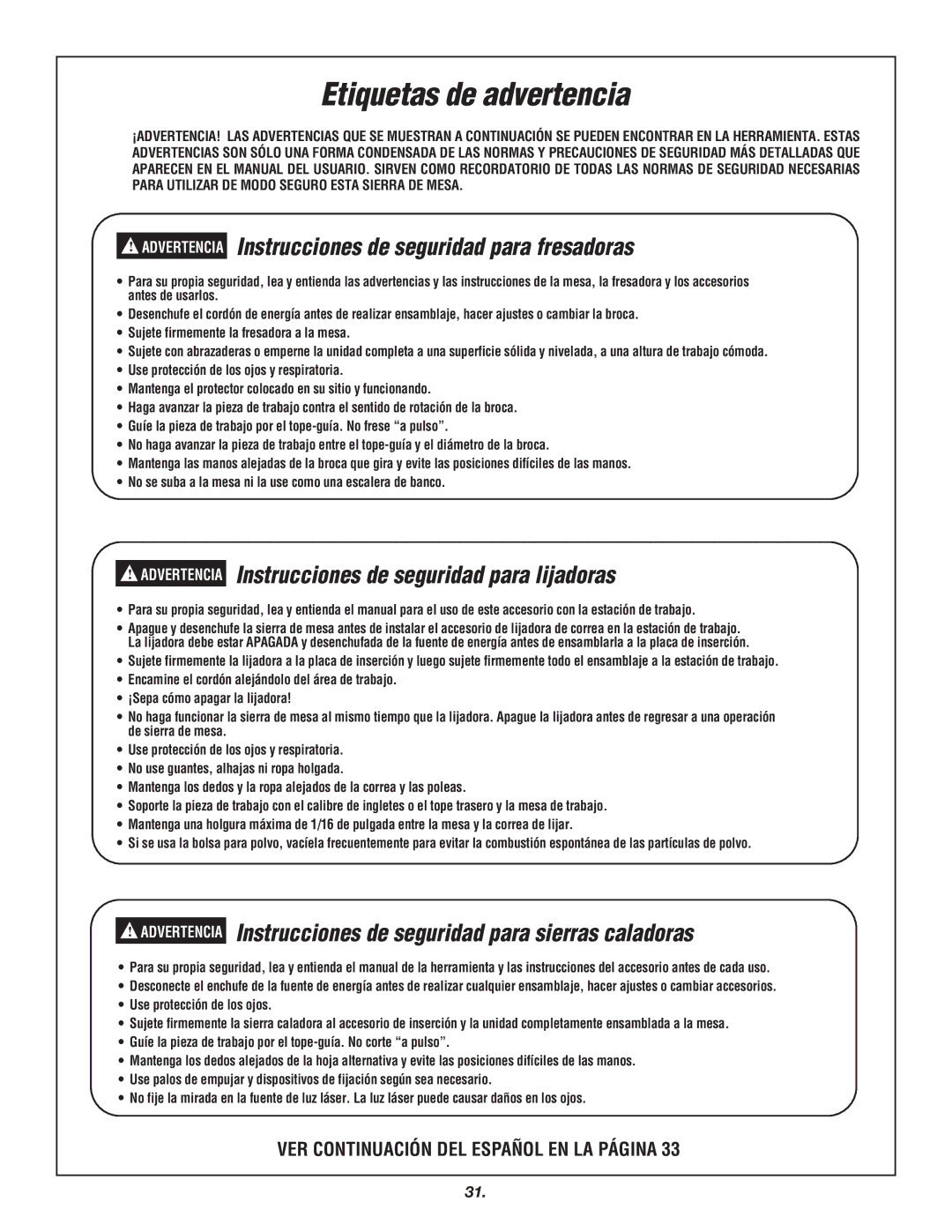 Skil 3700 manual Etiquetas de advertencia, VER Continuación DEL Español EN LA Página 