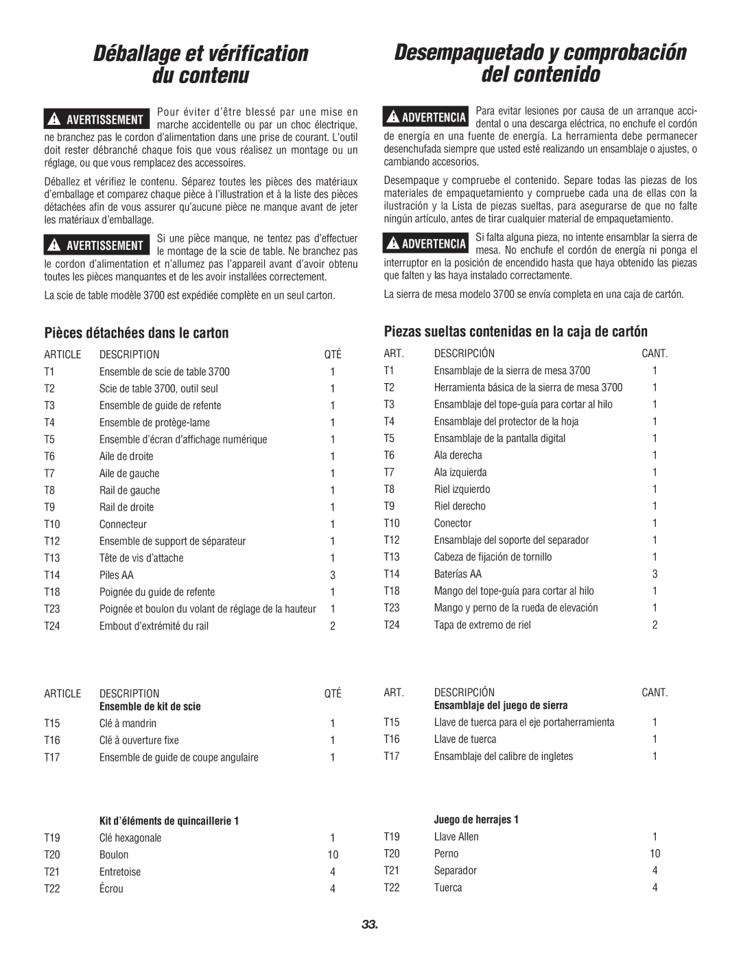 Skil 3700 manual Pièces détachées dans le carton, Piezas sueltas contenidas en la caja de cartón 