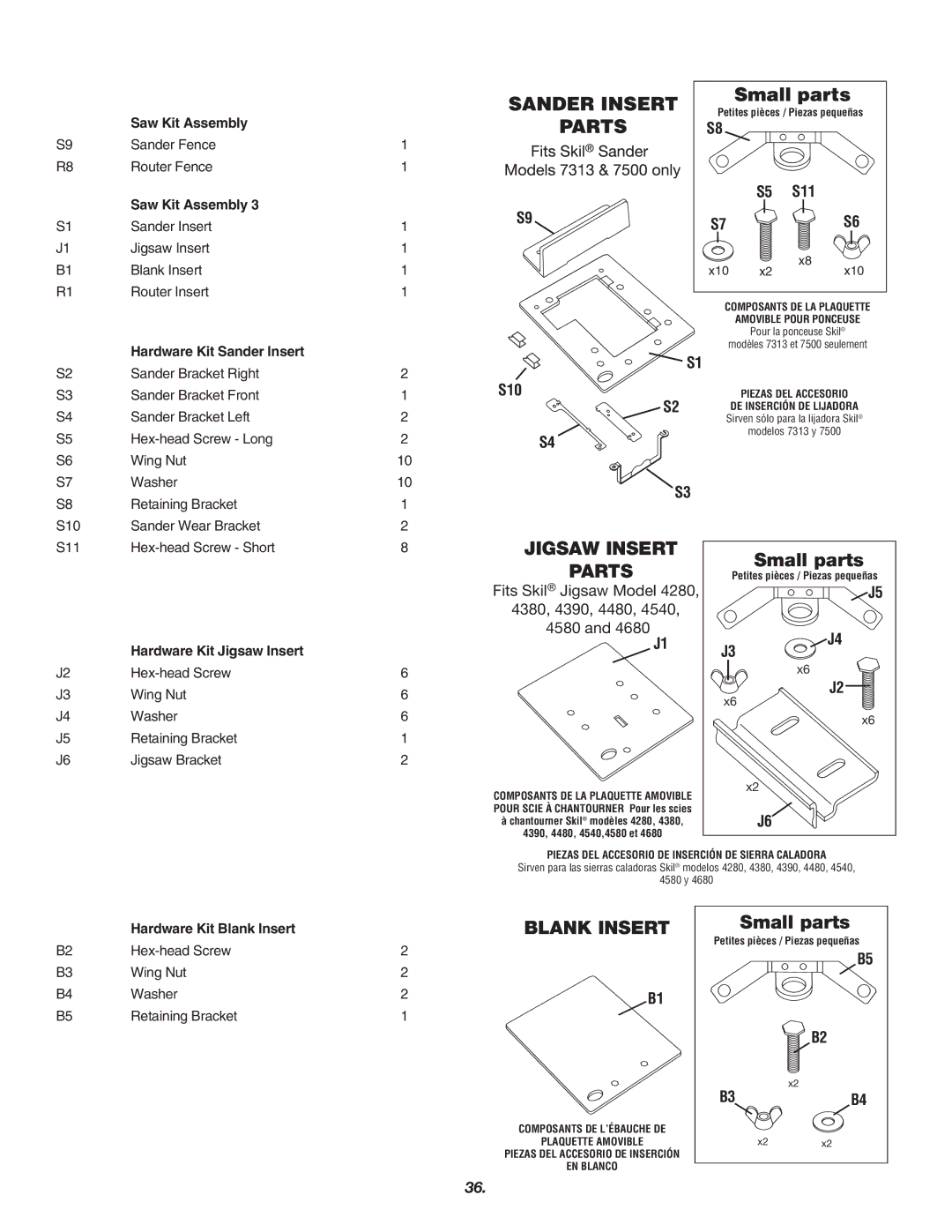 Skil 3700 manual Hardware Kit Sander Insert, Hardware Kit Jigsaw Insert, Hardware Kit Blank Insert 