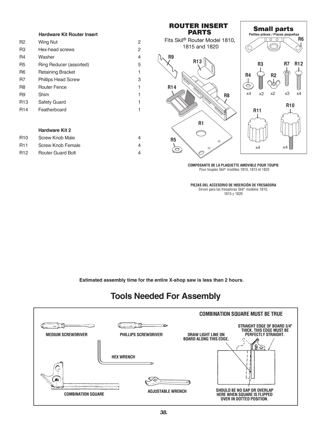 Skil 3700 manual Tools Needed For Assembly, Hardware Kit Router Insert 