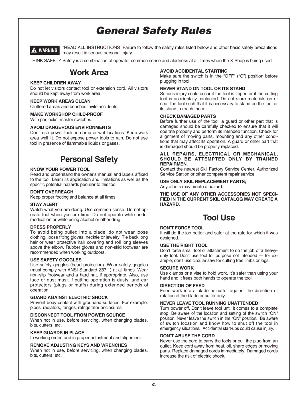 Skil 3700 manual General Safety Rules, Work Area, Personal Safety, Tool Use 