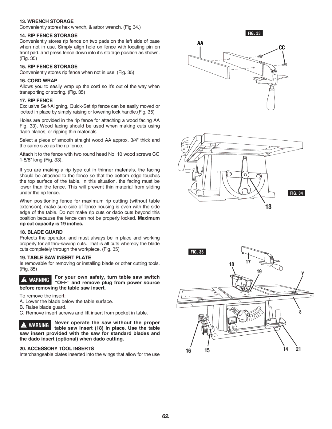 Skil 3700 manual Wrench Storage, RIP Fence Storage, Cord Wrap, Blade Guard, Table SAW Insert Plate, Accessory Tool Inserts 