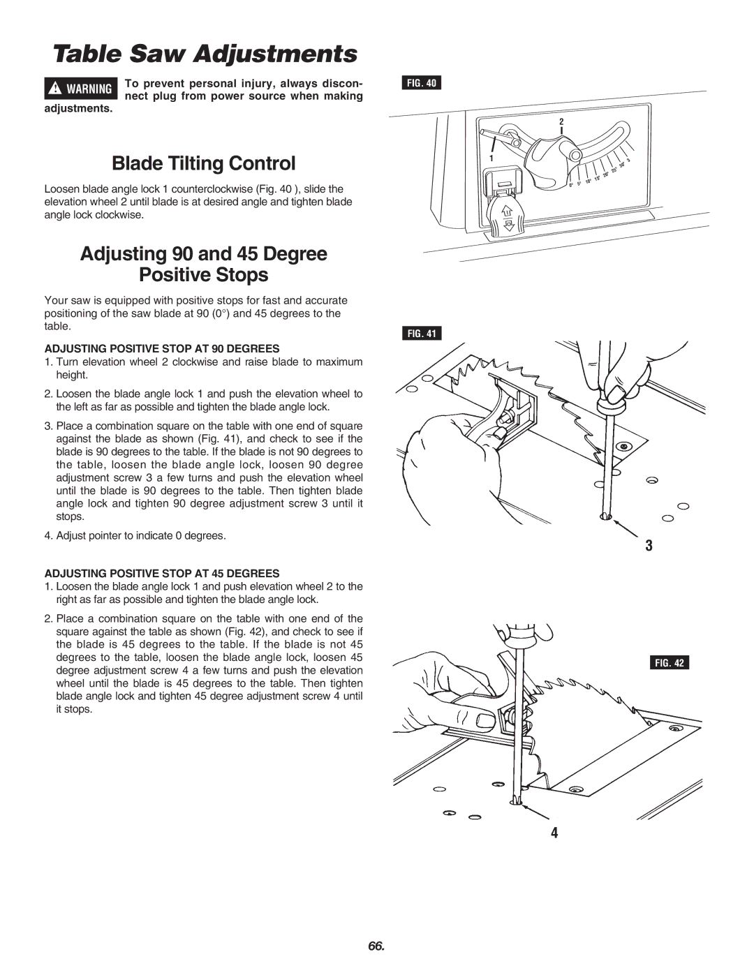 Skil 3700 manual Table Saw Adjustments, Blade Tilting Control, Adjusting 90 and 45 Degree Positive Stops 