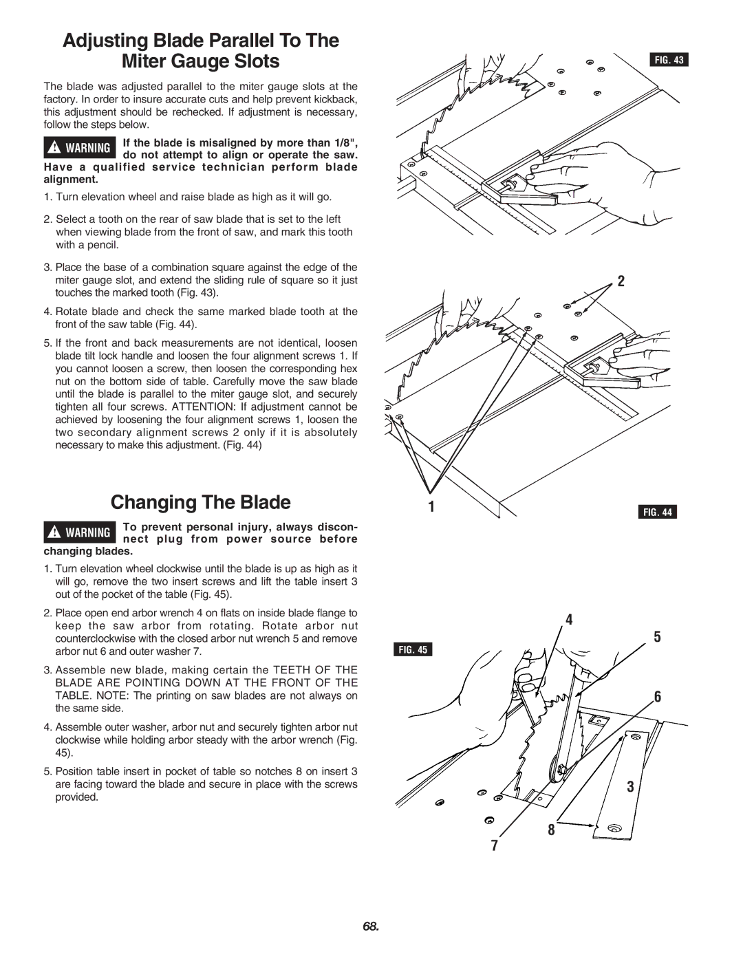 Skil 3700 manual Adjusting Blade Parallel To Miter Gauge Slots, Changing The Blade 