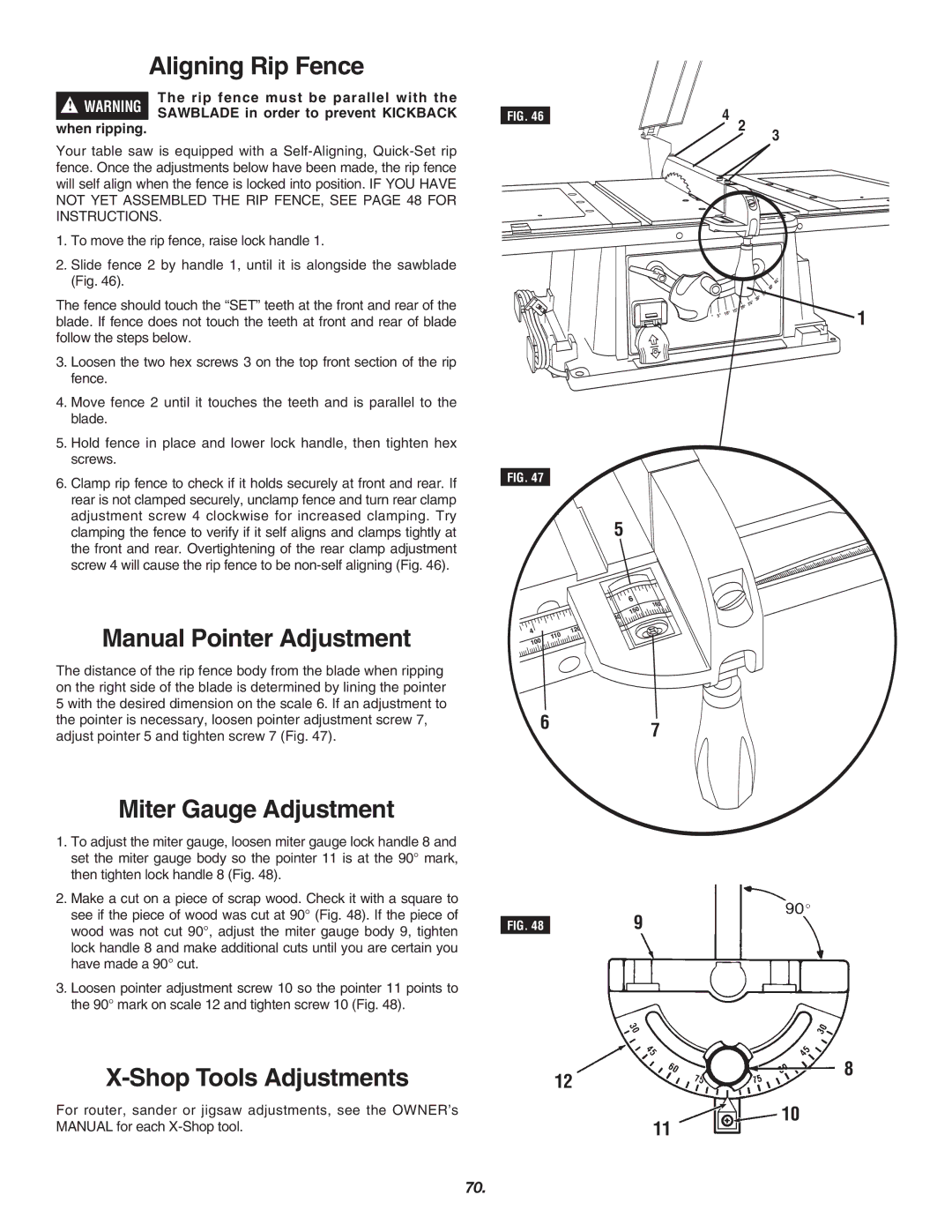 Skil 3700 manual Aligning Rip Fence, Manual Pointer Adjustment, Miter Gauge Adjustment, Shop Tools Adjustments 