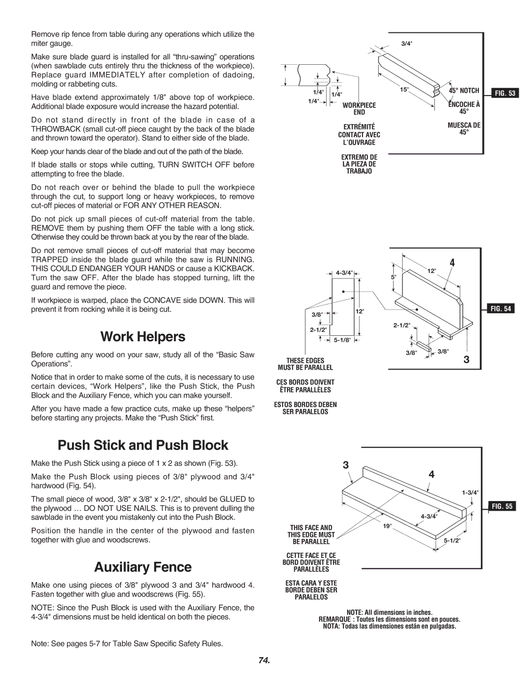 Skil 3700 manual Work Helpers, Push Stick and Push Block, Auxiliary Fence 