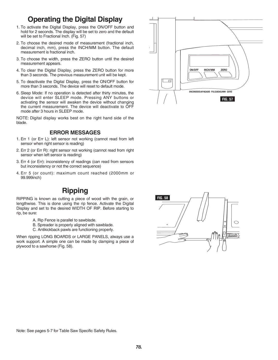 Skil 3700 manual Operating the Digital Display, Ripping, Error Messages 