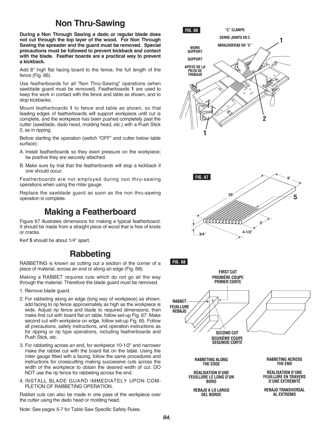Skil 3700 manual Non Thru-Sawing, Making a Featherboard, Rabbeting 