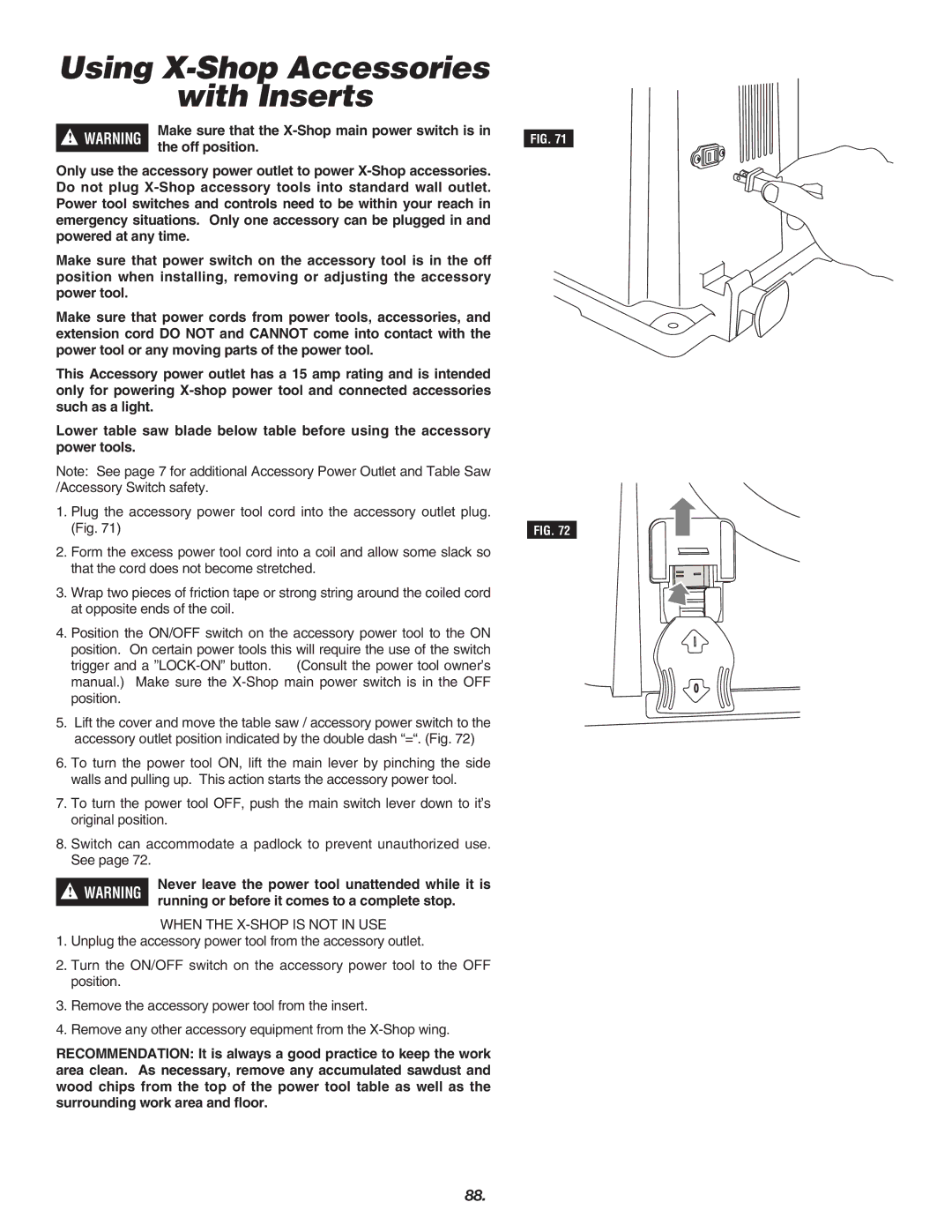 Skil 3700 manual Using X-Shop Accessories With Inserts, Off position, Never leave the power tool unattended while it is 