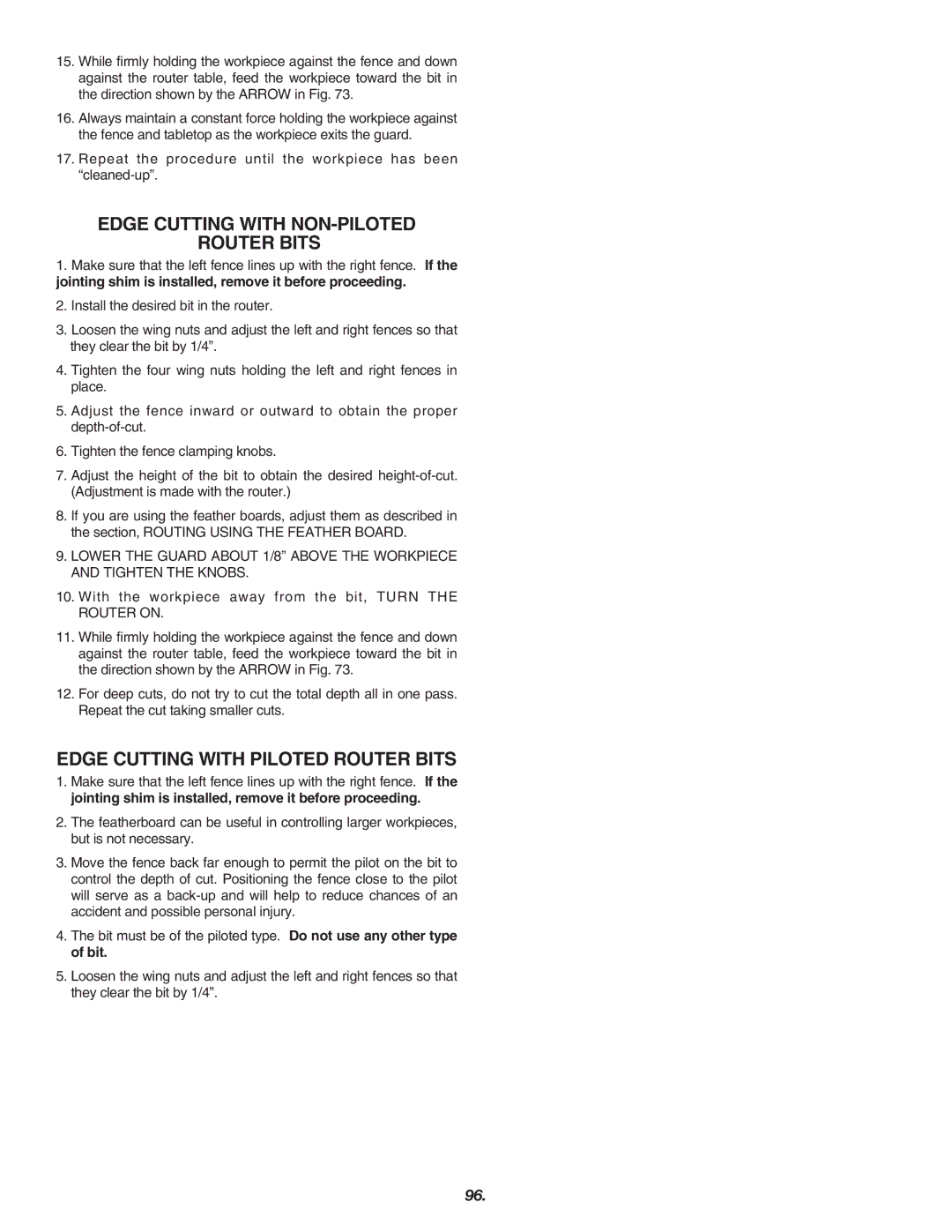 Skil 3700 manual Edge Cutting with NON-PILOTED Router Bits, Edge Cutting with Piloted Router Bits 
