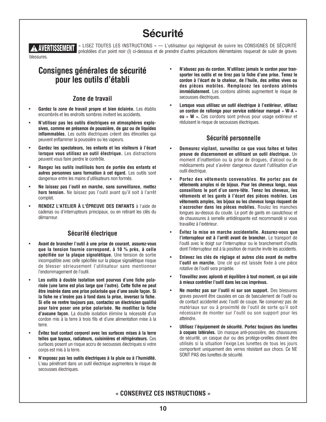 Skil 3800-02 manual Pour les outils d’établi, Zone de travail, Sécurité personnelle, Sécurité électrique 