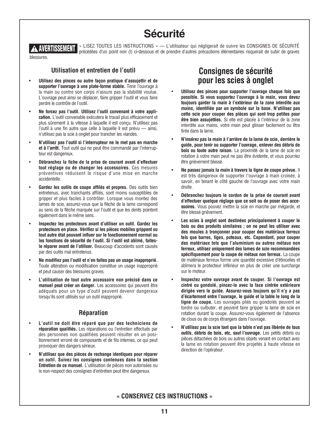 Skil 3800-02 manual Consignes de sécurité, Pour les scies à onglet, Utilisation et entretien de l’outil, Réparation 