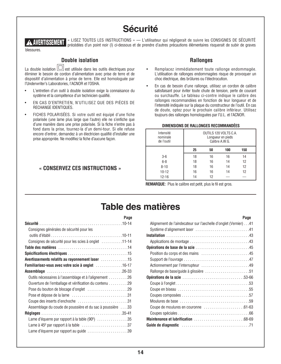 Skil 3800-02 Table des matières, Double isolation, Rallonges, Remarque Plus le calibre est petit, plus le fil est gros 
