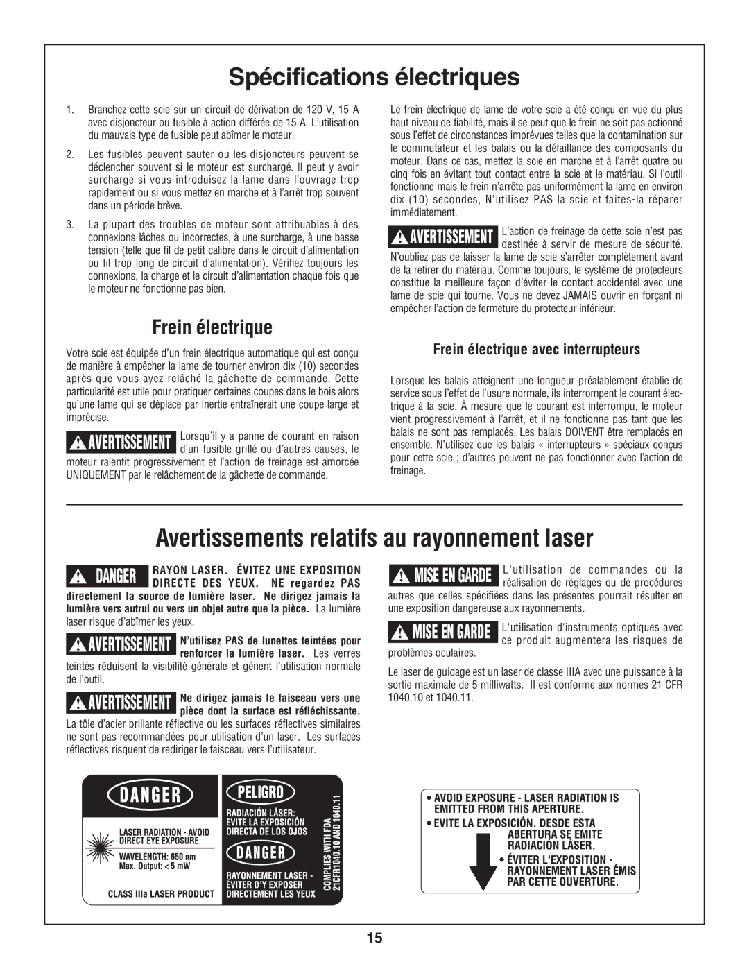 Skil 3800-02 manual Spécifications électriques, Avertissements relatifs au rayonnement laser, Frein électrique 