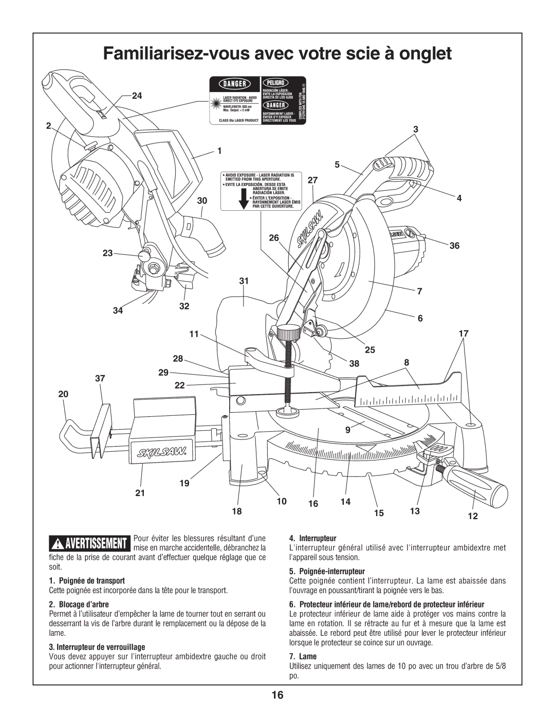 Skil 3800-02 manual Familiarisez-vous avec votre scie à onglet 