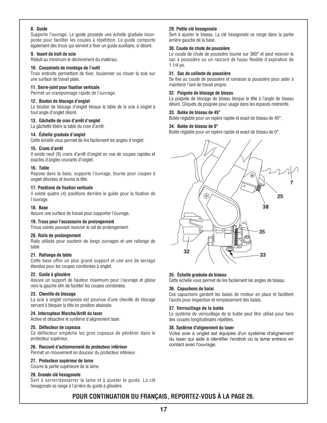 Skil 3800-02 manual Guide, Insert de trait de scie, Coussinets de montage de l’outil, Serre-joint pour fixation verticale 