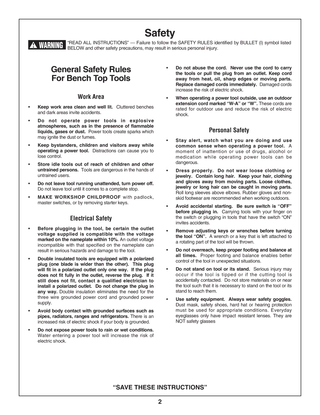 Skil 3800-02 manual General Safety Rules For Bench Top Tools, Work Area, Electrical Safety, Personal Safety 