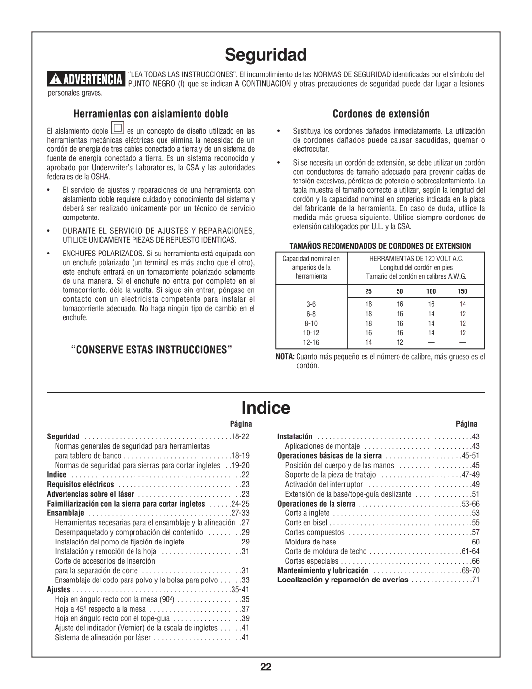 Skil 3800-02 manual Indice, Herramientas con aislamiento doble, Cordones de extensión, Página 