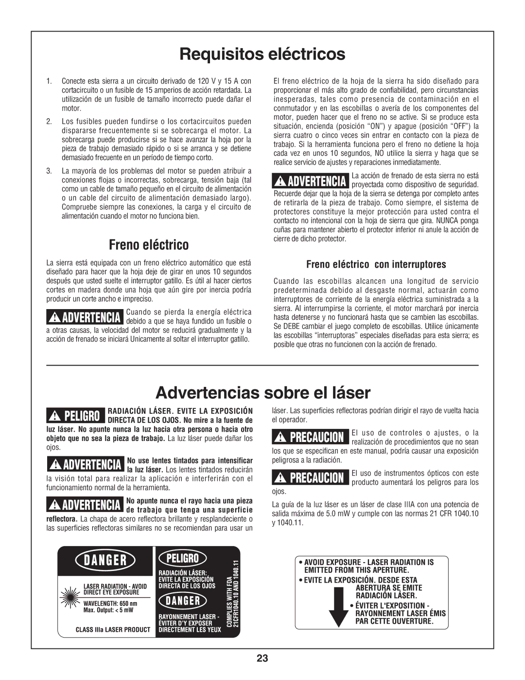 Skil 3800-02 manual Requisitos eléctricos, Advertencias sobre el láser, Freno eléctrico con interruptores 